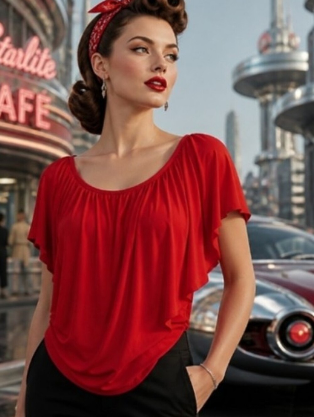 Boston Proper Red Scoop-Neck Flutter Sleeve Top